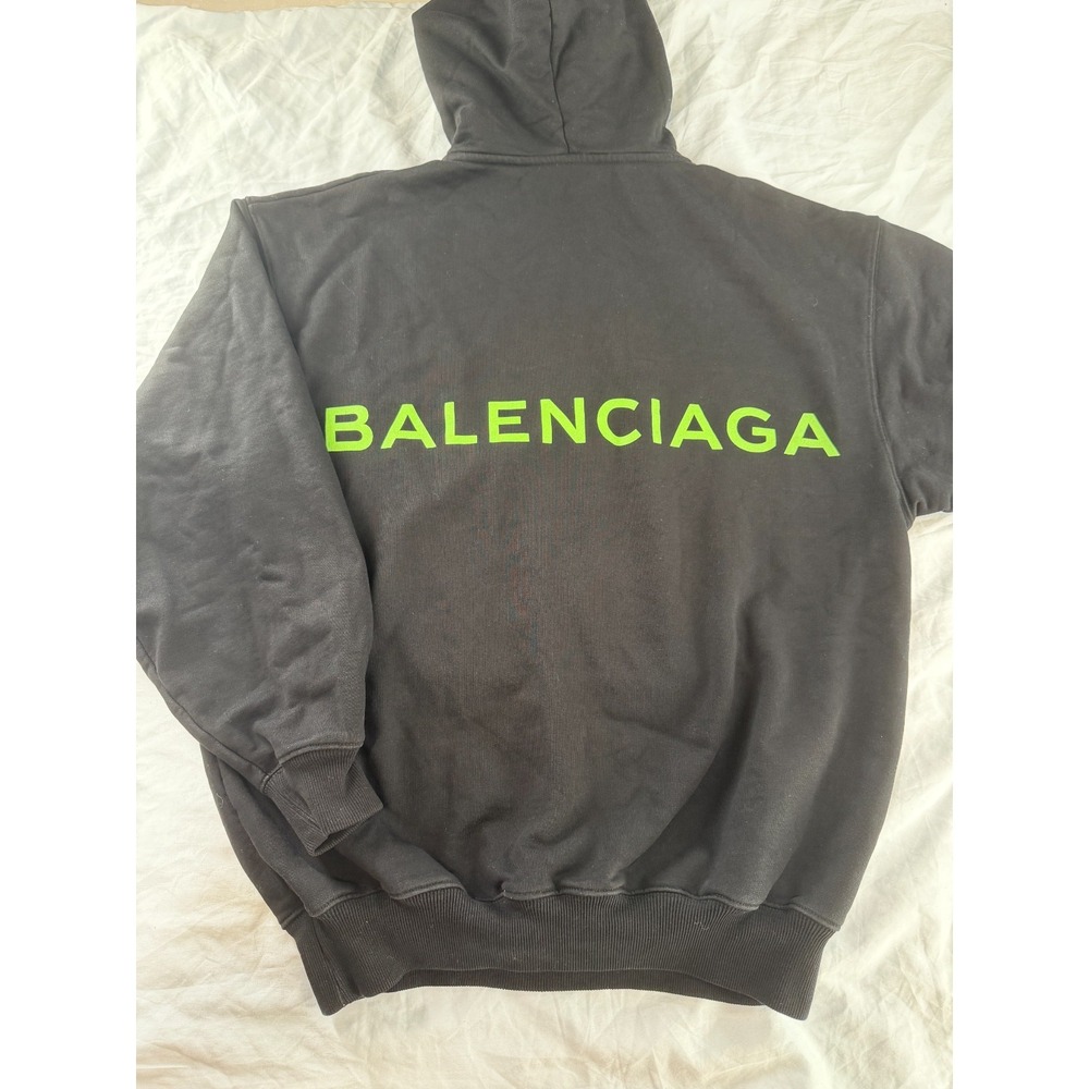 Balenciaga Black Hoodie Neon Green Vertical Logo Mens S FW17 511727 TYK27